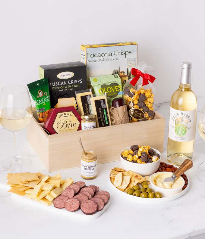 Deluxe Meat & Cheese Gift Box with California White Wine