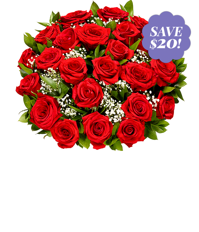 Partial image of A bouquet of two dozen roses in a glass vase. Between the roses, a few green leaves and bunches of babies breath are visible.  without vase