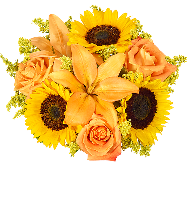 Partial image of A vibrant floral arrangement featuring sunflowers, orange lilies, yellow solidago, and orange roses, complemented by a personal card message. Optionally presented in a vase. without vase