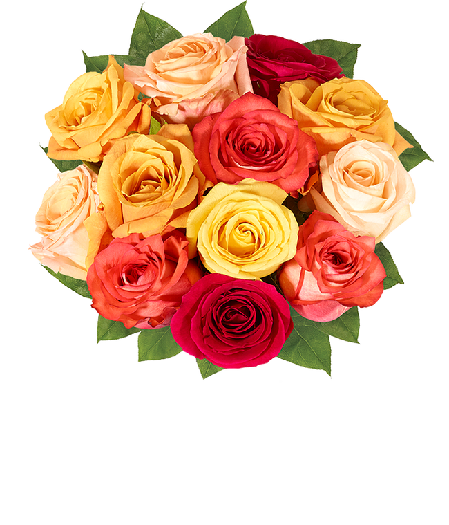 Partial image of A stunning floral arrangement featuring orange roses, red roses, and yellow roses, optionally presented in a glass vase. without vase